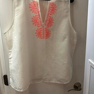 J. Crew Cream Tank Top with Pink Embroidered V-Neck